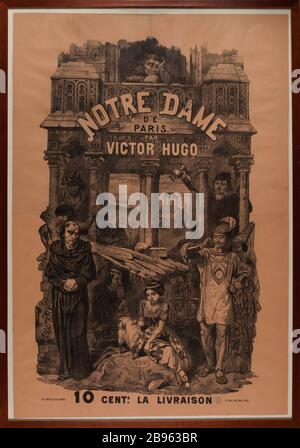 Plakat zur Veröffentlichung von Notre Dame in Paris aus dem Frontispiz der Edition Perrotin Affiche pour une publication de Notre-Dame de Paris d'après le frontispice de l'édition Perrotin. Imprimé par Baster & Vieillemard. Paris, Maison de Victor Hugo. Stockfoto