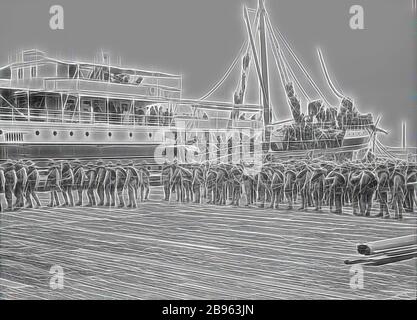 Glass Negative - Truppen, die HMT Orient einschiffen, in Richtung Boer war, Melbourne, 15. Februar 1901, Truppen, die ein Schiff in Melbourne, in Richtung Boer war, wahrscheinlich am 15. Februar 1901. Das Schiff, mit der Bezeichnung '24', ist der HMT (alias SS) Orient, der am 'Port Melbourne Town Pier' liegt. Die Argus bemerkten, dass das Schiff "schwarz bemalt war, mit rot unten, und mit der Nummer 24, die in großen weißen Figuren auf ihrem Bogen starrte" (die Argus, 15. Februar 1901, S.15). Die Truppen wurden aus Langwarrin Lager durch, neu von Gibon, Design von warmen fröhlich glühen von Helligkeit und Lichtstrahlen Ausstrahlung. Klassische Kunst neu erfinden Stockfoto