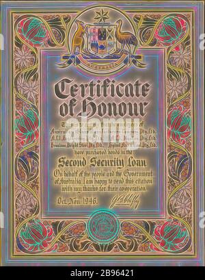 Honor Certificate - Second Security Loan, Australien, Okt-Nov 1946, Dieses Honor Certificate wurde von der Schatzmeisterin von Australien an Mitarbeiter von australischen Glasherstellern, ACI Engineering, ACI Plastics, Bruntons Bright Steel und Hytex AX & Tool vergeben. Die Mitarbeiter der oben genannten Unternehmen hatten Anleihen im zweiten Sicherheitsdarlehen, Okt. - Nov. 1946 gekauft. Die zweite Sicherheitskredit, bei £90,000,000 geschätzt wurde von der Bundesregierung von Australien als ausgestellt, neu gestaltet von Gibon, Design von warmen fröhlich glühenden Helligkeit und Lichtstrahlen Ausstrahlung. Klassische Kunst neu erfunden mit einem modernen twis Stockfoto