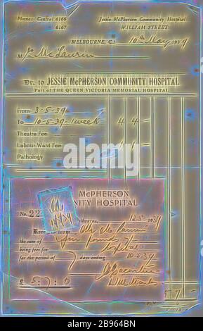 Rechnung und Quittung - Jessie McPherson Community Hospital, 10. Mai 1939, Rechnung und Quittung an Connie Duffell vom Jessie McPherson Community Hospital, datiert 10. Mai 1939. Die Rechnung besagt, dass Connie 1939 einen Sohn Roger geboren hat. Constance Duffell wurde 1910 in England geboren. Mit ihren Eltern und ihrem Bruder wanderte sie 1927 im Alter von 17 Jahren auf der "Narkunda" nach Australien aus. Während der Reise wurde Connie mit einem anderen Mädchen (ein Fremder) auf der unteren, von Gibon neu gestaltet, Design von warmen fröhlich glühen von Helligkeit und Lichtstrahlen Ausstrahlung untergebracht. Klassische Kunst neu erfunden mit einem modernen Twist Stockfoto