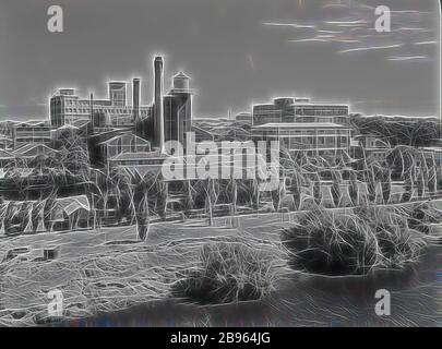 Negativ, Abbotsford Werk von der anderen Yarra River, ca. 1940er Jahre, Schwarz-Weiß-Filmnegativ der Kodak Australasia Pty Ltd Fabrik in Abbotsford, schräge Ansicht von der anderen Yarra River. Dieses Bild zeigt einen kleinen Betonwassertank im linken Vordergrund, entlang des Flussufers. Darüber hinaus liegt der Fabrikkomplex mit mehrstöckigen Gebäuden, Schornsteinstapeln und rechts der Fabrikgarten mit Sitzgelegenheiten und Bäumen. Dies ist eines von 6 Cellulose Negative, neu von Gibon, Design von warmen fröhlich glühen von Helligkeit und Lichtstrahlen Ausstrahlung. Klassische Kunst neu erfunden mit einem modernen Twist. Stockfoto