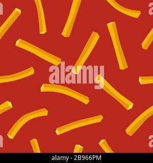 Pommes frites fast Food, nahtloses Muster auf rotem Hintergrund. Frittierte knusprige Kartoffelstrauten Vektor-Flachdarstellung Stock Vektor