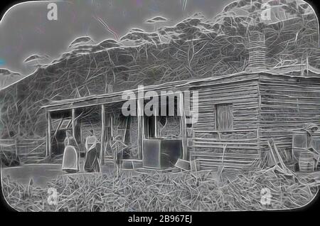 Laternenrutsche - Siedlerheim, Grampians, Victoria, Unbekanntes Datum, Schwarz-Weiß-Bild der rustikalen Heimat einer Siedlerfamilie in den Grampians von Victoria, fotografiert von A.J. Campbell., von Gibon neu vorgestellt, Design von warmem, fröhlichem Leuchten von Helligkeit und Lichtstrahlen. Klassische Kunst mit moderner Note neu erfunden. Fotografie, inspiriert vom Futurismus, die dynamische Energie moderner Technologie, Bewegung, Geschwindigkeit und Kultur revolutionieren. Stockfoto