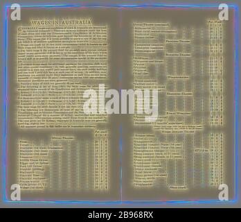 Flugblatt - Löhne und Steuersätze in Australien, 1963, Broschüre veröffentlicht vom Department of Immigration, Australia House, London im Jahr 1963, um Informationen über Löhne und Steuern in Australien zu geben. Es enthält Informationen über die Löhne in Australien sowie eine Tabelle Auflistung der Trades und Löhne pro Woche verdient. Es enthält auch Informationen über die Besteuerung (einschließlich Tabelle der jährlichen Einkommenssteuer) und Kinderbegabung. Das Flugblatt war Teil des Myerscough's Packages, Reimagined by Gibon, Design von warmen fröhlich glühen von Helligkeit und Lichtstrahlen Ausstrahlung. Klassische Kunst neu erfunden mit einem modernen Twist. Photograp Stockfoto