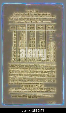 Flugblatt - Löhne und Steuersätze in Australien, 1962, Broschüre veröffentlicht vom Department of Immigration, Australia House, London im Jahr 1962, um Informationen über Löhne und Steuern in Australien zu geben. Es enthält Informationen über die Löhne in Australien sowie eine Tabelle Auflistung der Trades und Löhne pro Woche verdient. Es enthält auch Informationen über die Besteuerung (einschließlich Tabelle der jährlichen Einkommenssteuer) und Kinderbegabung. Das Flugblatt war Teil des Myerscough's Packages, Reimagined by Gibon, Design von warmen fröhlich glühen von Helligkeit und Lichtstrahlen Ausstrahlung. Klassische Kunst neu erfunden mit einem modernen Twist. Photograp Stockfoto