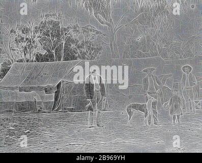 Negativ - Erwachsene und Kinder mit Greyhound, Deniliquin, New South Wales, um 1900, drei Männer, die Hüte und Jacken tragen, eine Frau, die ein Kleid und eine Schürze trägt und zwei junge Mädchen, die Kleider mit einem Windhund tragen, vor Zelten stehen. Im Hintergrund befinden sich viele große Bäume, die von Gibon neu vorgestellt wurden und ein warmes, fröhliches Leuchten der Helligkeit und Lichtstrahlen ausstrahlen. Klassische Kunst mit moderner Note neu erfunden. Fotografie, inspiriert vom Futurismus, die dynamische Energie moderner Technologie, Bewegung, Geschwindigkeit und Kultur revolutionieren. Stockfoto