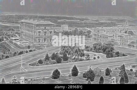 Negativ - Südwestblick vom Parliament House, Melbourne, Victoria, ca. 1885, Blick nach Südwesten vom Parliament House. Treasury Building links und South Melbourne in der Ferne. MacArthur Street und Treasury Place? Im Vordergrund mit einem See und einem kleinen Gartenbereich dazwischen., von Gibon neu vorgestellt, Design von warmfröhlichem Leuchten von Helligkeit und Lichtstrahlen. Klassische Kunst mit moderner Note neu erfunden. Fotografie, inspiriert vom Futurismus, die dynamische Energie moderner Technologie, Bewegung, Geschwindigkeit und Kultur revolutionieren. Stockfoto