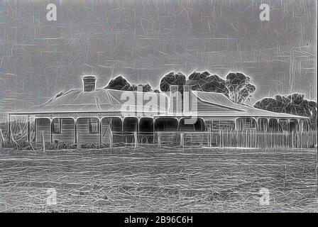 Negativ - Cotswold, Maryborough, Victoria, um das Jahr 1915, die Familie J. Nicols. Das Haus ist eingeschossiges Wetterbrett mit gemauerten Kaminen und Schlafenden. Es befindet sich in einem gerodeten ländlichen Gebiet, das von Gibon neu vorgestellt wurde und ein warmes, fröhliches Leuchten von Helligkeit und Lichtstrahlen ausstrahlt. Klassische Kunst mit moderner Note neu erfunden. Fotografie, inspiriert vom Futurismus, die dynamische Energie moderner Technologie, Bewegung, Geschwindigkeit und Kultur revolutionieren. Stockfoto