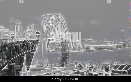 Negativ - Sydney, New South Wales, 1933, die Sydney Harbour Bridge., von Gibon neu vorgestellt, Design von warmem, fröhlichem Leuchten von Helligkeit und Lichtstrahlen. Klassische Kunst mit moderner Note neu erfunden. Fotografie, inspiriert vom Futurismus, die dynamische Energie moderner Technologie, Bewegung, Geschwindigkeit und Kultur revolutionieren. Stockfoto