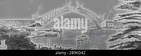 Negativ - Sydney, New South Wales, 1930, der Bogen der Sydney Harbour Bridge, die sich der Fertigstellung nähert, steht eine Fähre im Vordergrund., von Gibon neu vorgestellt, Design von warmem, fröhlichem Leuchten von Helligkeit und Lichtstrahlen. Klassische Kunst mit moderner Note neu erfunden. Fotografie, inspiriert vom Futurismus, die dynamische Energie moderner Technologie, Bewegung, Geschwindigkeit und Kultur revolutionieren. Stockfoto