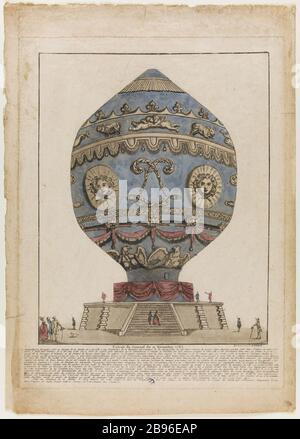 [Prüfung der Aerostatikmaschine Herr Montgolfier 21. November 1783 auf Schloss La Muette] 1783 Schloss La Muette] Le Campion. "Expérimentation de la Machine aérostatique de M. Montgolfier le 21 novembre 1783 au château de la Muette". Eau-forte coloriée. Paris, musée Carnavalet. Stockfoto