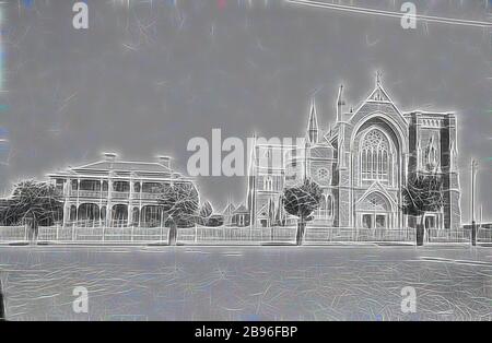 Negativ - West Melbourne, Victoria, 1900, St Marys Star of the Sea Church. Die Manse befindet sich auf der linken Seite., von Gibon neu vorgestellt, Design von warmem, fröhlichem Leuchten von Helligkeit und Lichtstrahlen. Klassische Kunst mit moderner Note neu erfunden. Fotografie, inspiriert vom Futurismus, die dynamische Energie moderner Technologie, Bewegung, Geschwindigkeit und Kultur revolutionieren. Stockfoto