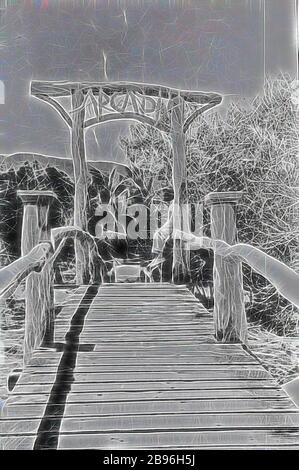 Negativ - Australien, ca. 1930, EINE Brücke mit einem Tor und einem Schild aus Holz. Das Schild lautet: "Arcadia"., von Gibon neu vorgestellt, Design von warmem, fröhlichem Leuchten von Helligkeit und Lichtstrahlen. Klassische Kunst mit moderner Note neu erfunden. Fotografie, inspiriert vom Futurismus, die dynamische Energie moderner Technologie, Bewegung, Geschwindigkeit und Kultur revolutionieren. Stockfoto