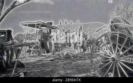 Negativ - Tarrawingee, Victoria, ca. 1930, Threshing mit einer Dampfmaschine auf der Farm "Wyadra". Es gibt vier Männer auf einem Heuhaufen im Hintergrund und einen Buggy auf der rechten Seite., von Gibon neu vorgestellt, Design von warmem fröhlichem Leuchten von Helligkeit und Lichtstrahlen. Klassische Kunst mit moderner Note neu erfunden. Fotografie, inspiriert vom Futurismus, die dynamische Energie moderner Technologie, Bewegung, Geschwindigkeit und Kultur revolutionieren. Stockfoto