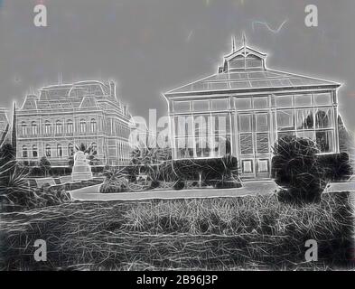 Negativ - Bendigo, Victoria, 1913, der Wintergarten in den Gärten von Bendigo. Im Hintergrund stehen die Gerichtshöfe, die von Gibon neu vorgestellt wurden, die Gestaltung von warmem, fröhlichem Leuchten von Helligkeit und Lichtstrahlen. Klassische Kunst mit moderner Note neu erfunden. Fotografie, inspiriert vom Futurismus, die dynamische Energie moderner Technologie, Bewegung, Geschwindigkeit und Kultur revolutionieren. Stockfoto