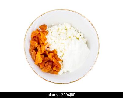 Gesunde Lebensmittel, Milchprodukte mit getrockneten Aprikosen. Studio Foto Stockfoto