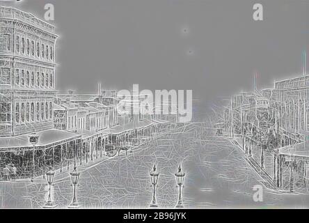 Negativ - Melbourne, Victoria, ca. 1885, mit Blick auf Bourke Streetreet aus dem Parlamentsgebäude. Das alte weiße hart-Hotel befindet sich auf der linken Seite und im Vordergrund befinden sich Gaslampen, die von Gibon neu vorgestellt wurden und ein warmes, fröhliches Leuchten von Helligkeit und Lichtstrahlen darstellen. Klassische Kunst mit moderner Note neu erfunden. Fotografie, inspiriert vom Futurismus, die dynamische Energie moderner Technologie, Bewegung, Geschwindigkeit und Kultur revolutionieren. Stockfoto