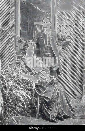 Negativ - Melbourne, Victoria, um das Jahr 1895, EINE Frau, die in einem Rohrstuhl sitzt, steht ein Mann neben ihr und es gibt eine Tür, die in einen Bereich führt, der mit einem Trellis hinter ihnen verschlossen ist., von Gibon neu vorgestellt, Design von warmem, fröhlichem Leuchten von Helligkeit und Lichtstrahlen. Klassische Kunst mit moderner Note neu erfunden. Fotografie, inspiriert vom Futurismus, die dynamische Energie moderner Technologie, Bewegung, Geschwindigkeit und Kultur revolutionieren. Stockfoto