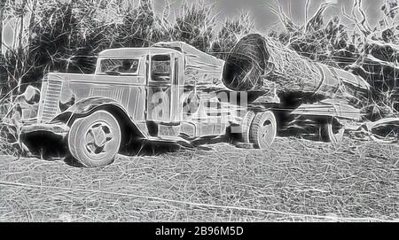 Negativ - Chetwynd District, Victoria, 1937, Roter Zahnfleischbaum wird an Rowe's Sawmill in Edenhope übergeben. Truck der internationalen C-Serie, von Gibon neu vorgestellt, Design von warmem, fröhlichem Leuchten von Helligkeit und Lichtstrahlen. Klassische Kunst mit moderner Note neu erfunden. Fotografie, inspiriert vom Futurismus, die dynamische Energie moderner Technologie, Bewegung, Geschwindigkeit und Kultur revolutionieren. Stockfoto