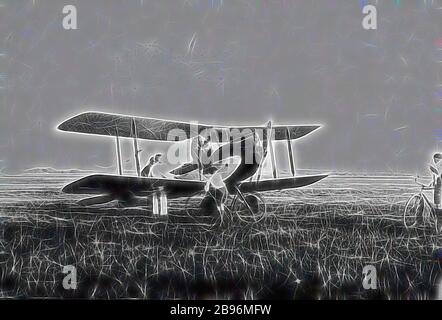 Negativ - Belmont, Victoria, ca. 1925, Flugzeug auf Belmont Common. Um das Flugzeug de Havilland Moth gibt es Männer und einen kleinen Jungen, während ein anderer Junge mit einem Fahrrad rechts wacht., von Gibon neu vorgestellt, Design von warmem, fröhlichem Leuchten von Helligkeit und Lichtstrahlen. Klassische Kunst mit moderner Note neu erfunden. Fotografie, inspiriert vom Futurismus, die dynamische Energie moderner Technologie, Bewegung, Geschwindigkeit und Kultur revolutionieren. Stockfoto