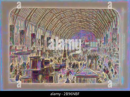 Zeitungsblatt - 'The Intercolonial Exhibition, Melbourne', The Illustrated London News, London, 2 Mar 1867, EINE Zeitungsseite der Illustrated London News, 2 March 1867, S. 216, mit einer handkolorierten Lithographie, die das Innere der Melbourne Intercolonial Exhibition zeigt, die in der Public Library in Melbourne, 1866-67, stattfand. Der Saal ist mit verschiedenen Fahnen und Fahnen geschmückt, darunter auch die der anderen australischen Kolonien. Bild zeigt Männer, Frauen und Kinder beim Betrachten der Reihe von Exponaten, von Gibon neu gestaltet, Design von warmen fröhlich glühen von Helligkeit und Lichtstrahlen Ausstrahlung. C Stockfoto