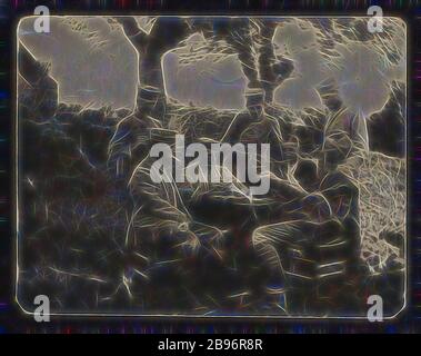 Foto: Deutsche Soldaten spielen Karten, 1. Weltkrieg, 1914-1918, Schwarz-Weiß-Foto mit deutschen Soldaten, die Karten spielen - wahrscheinlich Soldaten des 3. Infanterieregiments. Das Foto stammt aus dem ersten Weltkrieg. Seine Herkunft ist unbekannt., von Gibon neu vorgestellt, Design von warmfröhlichem Leuchten von Helligkeit und Lichtstrahlen. Klassische Kunst mit moderner Note neu erfunden. Fotografie, inspiriert vom Futurismus, die dynamische Energie moderner Technologie, Bewegung, Geschwindigkeit und Kultur revolutionieren. Stockfoto