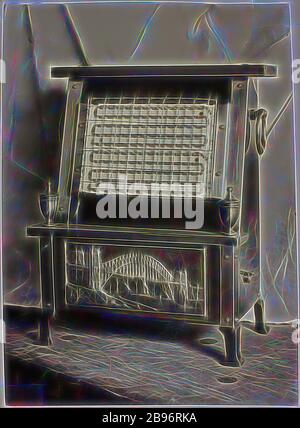 Foto - Hecla Electrics Pty Ltd, Heater with Sydney Harbour Bridge, ca. 1930er Jahre, Schwarzweiß-Foto von Hecla Electric Heater ca. 1932, mit Bild der Sydney Harbour Bridge auf der Vorderseite. Dieses Foto stammt aus einem Album mit 255 Schwarzweiß-Fotografien, die elektrische Geräte, Ausstellungsräume, Fabrikinnenräume und Werbematerial zu Hecla Electrics Pty Ltd. Darstellen. Es ist Teil der Sammlung von Fotografien von Hecla, die von Gibon neu vorgestellt wurde. Design mit warmem, fröhlichem Glanz von Helligkeit und Lichtstrahlen. Die klassische Kunst wurde mit einem neu erfunden Stockfoto
