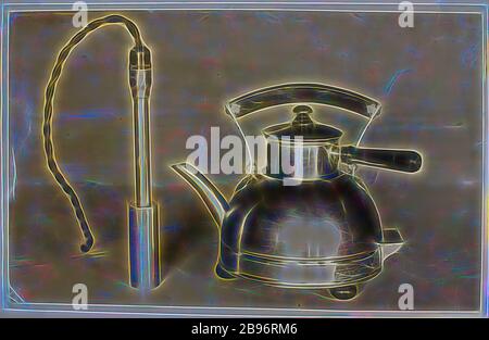 Foto - Hecla Electrics Pty Ltd, 'Special Kettle and Food warmer' & 'Immersion Heater', South Yarra, 1930er Jahre, Schwarz-Weiß-Foto eines elektrischen Kessels und einer Tauchheizung, die Hecla Electrics in ihrer South Yarra-Fabrik in Melbourne in den 1930er Jahren produziert hat. Der Wasserkocher ist ein Kupfer 240 Volt AC Elektro-Modell mit Emaille-Griff, Deckel und abnehmbaren Topf zum Erhitzen von Lebensmitteln. Es wurde als "Spezialkessel und Essenswärmer" vermarktet. Die Lebensmittel wärmende Kochtopf ruht unter dem emaillierten Griff, wenn, von Gibon neu gestaltet, Design von warmen fröhlich glühen von Helligkeit und Lichtstrahlen Ausstrahlung. Stockfoto