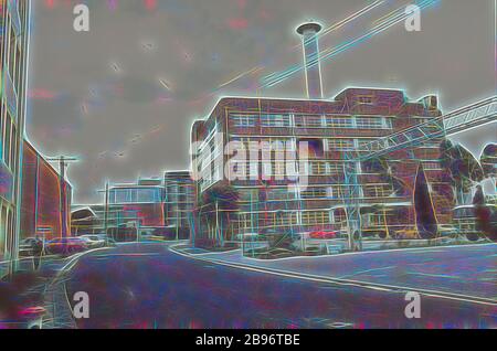 Foto, ehemalige Kodak Factory Buildings on Southampton Crescent, Abbotsford, Victoria, Feb. 1982, Farbfoto der ehemaligen Kodak Abbotsford Fabrik von der Straße genommen. Teil einer Sammlung von Forschungsmaterial und Artefakten von ehemaligen Kodak Australasia Mitarbeiter Nigel Beale während er schrieb Kodak Firmengeschichte in den 1980er Jahren montiert. Hergestellt und vertrieben eine breite Palette von Fotoprodukten nach Australasien, Wie Film, Papier, Chemikalien, Kameras, neu von Gibon, Design von warmen fröhlich glühen der Helligkeit und Lichtstrahlen Ausstrahlung. Klassische Kunst neu erfunden mit einem Modus Stockfoto