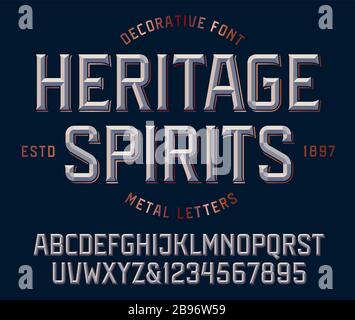 Klassische viktorianische Schrift, metallisch abgeschrägtes Alphabet und Zahlen. Großbuchstaben. Vektorgrafiken. Stock Vektor