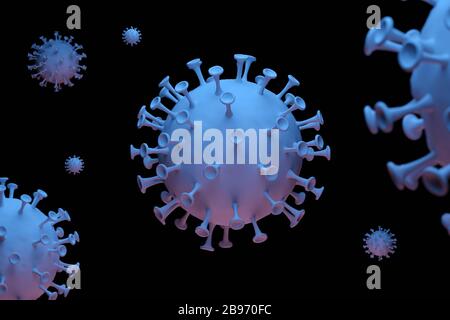 3D-Rendering-Modell von Coronavirus auf schwarzem Hintergrund Stockfoto