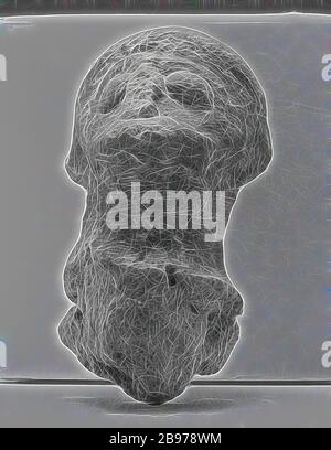 Human Head, unbekannt, Kampanien, Süditalien, 6. Jahrhundert v. Chr., Terrakotta, 7,4 cm (2 15/16 in.), von Gibon neu vorgestellt, Design von warmem, fröhlichem Leuchten von Helligkeit und Lichtstrahlen. Klassische Kunst mit moderner Note neu erfunden. Fotografie, inspiriert vom Futurismus, die dynamische Energie moderner Technologie, Bewegung, Geschwindigkeit und Kultur revolutionieren. Stockfoto