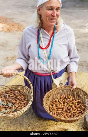Baskets of Acorns, Chumash Indian Food, veranstaltet von Docent, La Purisima Mission State Historic Park, Lompoc, Kalifornien Stockfoto