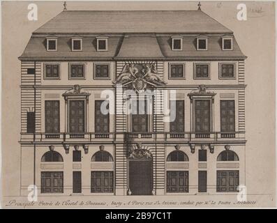 Haupteingang der Jugendherberge Beauvais, Basty in Paris St Antoine, geleitet von Le Pautre Architect. Jean Marot (1619-79), Graveur, architecte et dessinateur français. Principale Entrée de l'Hostel de Beauvais, Basty A Paris rue St Antoine, conduit par Mr. Pautre architecte. Eau-forte. Paris, Musée Carnavalet, Histoire de Paris. Stockfoto