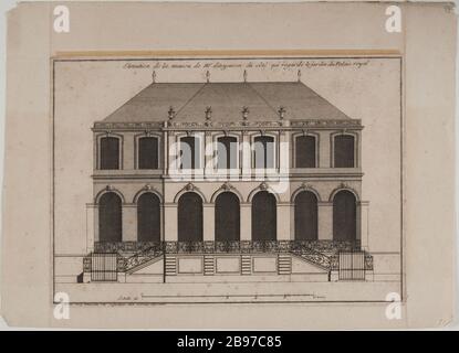 Höhe des Hauses von Mr. Des Side Argenson und Blick auf den Garten des Königspalastes. Jean Marot (1619-79), Graveur, architecte et dessinateur français. Elevation de la maison de Mr d'Argenson du côté qui regarde le jardin du Palais Royal. Eau-forte. Paris, Musée Carnavalet, Histoire de Paris. Stockfoto