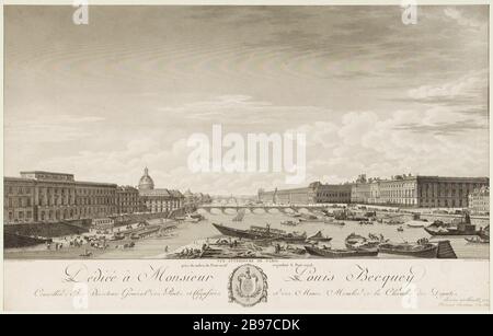 Innenansicht von Paris, von der Mitte der Pont Neuf aus, Blick auf die Pont Royal, die Louis Becquey Pierre-Gabriel Berthault gewidmet ist. "Vue intérieure de Paris, pry du Milieu du Pont-Neuf, regardant le Pont Royal, dédié à M. Louis Becquey". Eau-forte. Im Jahr 1817. Paris, musée Carnavalet. Stockfoto