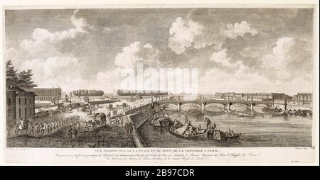 Perspektivischer Blick auf den Platz und die Pont de la Concorde in Paris Louis-Jean Desprez (ou Desprée ou Desprès, 1743-1804). "Vue perspective de la Place et du pont de la Concorde a Paris". Eau-forte. Paris, musée Carnavalet. Stockfoto