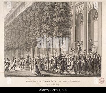 BEWEGUNG IM PALAST ROYAL VON CAMILLE DER DESMOULINS 12. Juli 1789 Pierre-Gabriel Berthault, Jean-Louis Prieur (le jeune). "Motion faite au Palais-Royal par Camille Desmoulins le 12 juillet 1789". Paris, musée Carnavalet. Stockfoto