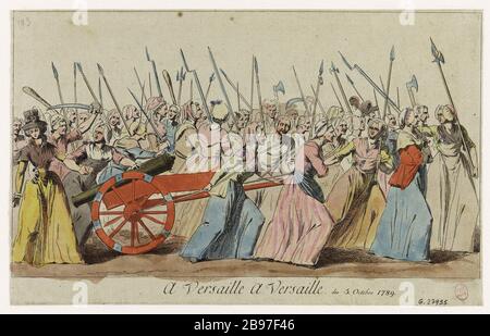 Prozession bewaffnete Dames de la Halle, am 5. Oktober 1789 nach Versailles fahren. Ereignis der französischen Revolution. cortège armé des Dames de la Halle, auf der Route pour Versailles, le 5 octobre 1789. Evénement de la Révolution française". Eau-forte coloriée. Paris, musée Carnavalet. Stockfoto