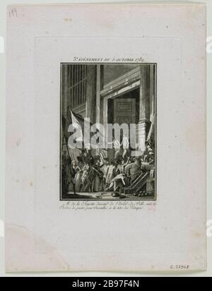 VERANSTALTUNG 3. OKTOBER 1789. HERR UNTEN IM RATHAUS VON FAYETTE UND SCHLIESST SICH SEINEN TRUPPEN AN, DIE NATIONALE VERSAILLES BEWACHEN; 31ST DER SAMMLUNG VON GEMÄLDEN DRUCKE DES HISTORISCHEN HAUPTEREIGNISSES SEIT DER ERÖFFNUNG DER GENERALSTAATEN (1789-1791) JEAN-FRANÇOIS JANINET (1752-1814). "3ème événement du 5 octobre 1789. M. de La Fayette decent de l'hôtel de Ville et rejoint ses troupes de la Garde nationale pour Versailles; 31ème tableaux du recueil des gravures historiques des principaux événement depuis l'ouverture des Etats Généraux (1789-1791)'. Aquatinte, 1789. Paris, musée Carnavalet. Stockfoto