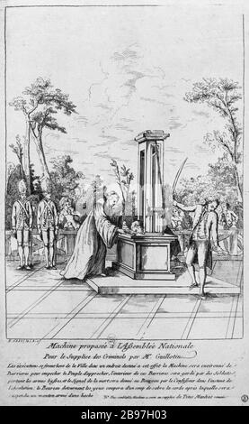 MACHINE GUILLOTIN VON DER NATIONALVERSAMMLUNG "Cachine proposée par Guillotin à l'Assemblée Nationale" angeboten. Estampe Anonyme, d'après Jean-François Janinet (1752-1814). Paris, musée Carnavalet. Stockfoto