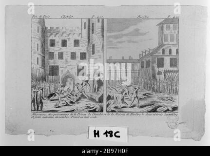 MASSAKER AM GEFÄNGNIS CHATELET UND SITZ VON BICETRE, 2. BIS 3. SEPTEMBER 1792. DER STEMPEL ZWEI TAFELN UND P.427 429 PROTOKOLL DER REVOLUTION VON PARIS 1-8 September 1792 Anonyme ( - ); Imprimerie des Révolutions de Paris ou Imprimerie de Prudhomme (1752-1830). Révolution française. Massaker à la Prison du Châtelet et à la maison de Bicêtre, les 2-3 septembre 173. Estampe en deux tableaux S.427 et 429 du Journal des Révolutions de Paris des 1-8 septembre 173. Dokument du Cabinet d'arts graphiques. Eau-forte, en 17992. Paris, musée Carnavalet. Stockfoto