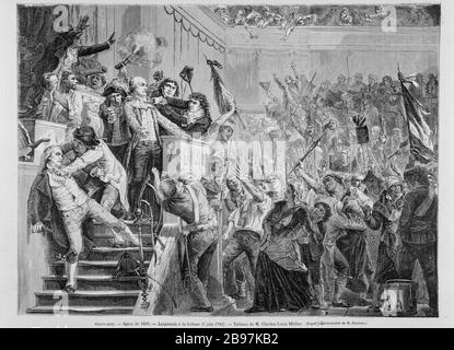 FRANZÖSISCHE REVOLUTION: JEAN-DENIS LanjuinAIS TRITT FÜR DIE GIRONDINS DIE TRIBÜNE DER NATIONALEN VERSAMMLUNG, PALAST TUILERIES, 1. Bezirk AKTUELL, 2. Juni 1893 Charles Louis Lucien Muller (1815-1892); Alexandre Jacob (1876-1972) ein. Révolution française: Jean-Denis Lanjuinais, à la tribune, défendant les Girondins à la tribune de l'Assemblée nationale, palais des Tuileries, actuel 1er arronarrondissement, le 2 juin im Jahre 1793. Dokument du Cabinet d'arts graphiques. Tirage pour une Illustration à partir d'une gravure sur bois. Paris, musée Carnavalet. Stockfoto