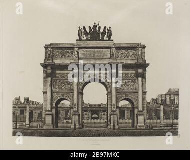 HELIOGRAVURE Nr.45 DER 'MAJOR MONUMENTE VON FRANKREICH IN HELIOGRAVURE' ARC DES TRIUMPHES VON CARROUSSEL, 1. Bezirk, PARIS Héliogravure nº45 des 'principaux Monuments de la France, reproduits en héliogravure': Arc de Triomphe du Carrousel, Paris (Ier arr.). 1853-1869. Photographie d'Edouard Baldus (1813-1889). Paris, musée Carnavalet. Stockfoto