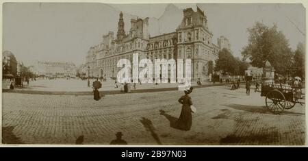 ORT DES RATHAUSES, PANORAMA, BIS 1895-1900, 4. BEZIRK, PARIS Place de l'Hôtel de Ville, vue panoramique, vers 1895-1900, Paris (IVème arr.). 1895-1901. Photographie anonyme. Paris, musée Carnavalet. Stockfoto