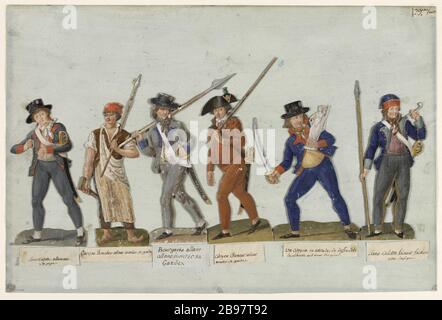 Sansculottes Waffen Jean-Baptiste Lesueur (1749-1826). 'Sans-culottes en armes'. Gouache sur carton découpé collé sur une feuille de papier lavée de bleu. Paris, musée Carnavalet. Stockfoto