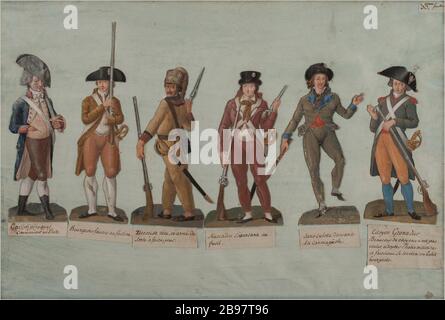 SANs: Kulotte in Waffen. Jean-Baptiste Lesueur (1749-1826). 'Sans-culottes en armes'. Gouache sur carton découpé collé sur une feuille de papier lavée de bleu. Paris, musée Carnavalet. Stockfoto