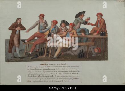 Strafvollzugsgericht bei den Massakern vom September 1792 in Paris Jean-Baptiste Lesueur (1749-1826). "Tribunal de Prison lors des Massacers de septembre, à Paris". Gouache sur carton découpé collé sur une feuille de papier lavée de bleu. Paris, musée Carnavalet. Stockfoto