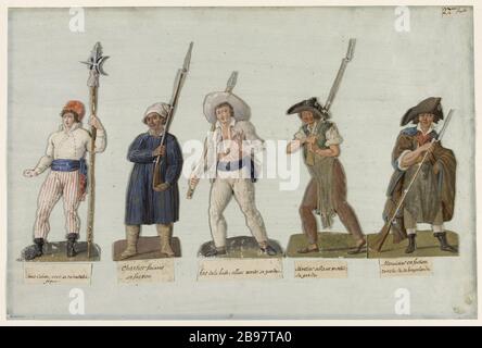 Sansculottes Waffen Jean-Baptiste Lesueur (1749-1826). 'Sans-culottes en armes'. Gouache sur carton découpé collé sur une feuille de papier lavée de bleu. Paris, musée Carnavalet. Stockfoto