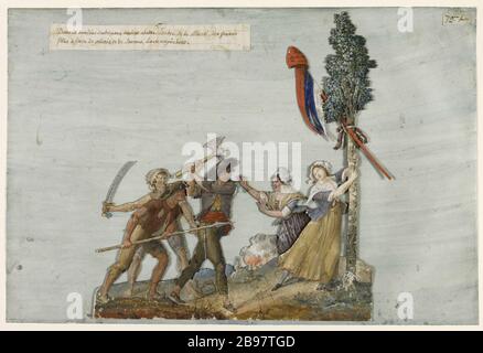 Royalisten, die sich darauf vorbereiten, einen Freiheitsbaum zu fallen, Vendee Jean-Baptiste Lesueur (1749-1826). "Royalistes s'apprêtant à abattre un arbre de la Liberté, en Vendée". Gouache sur carton découpé collé sur une feuille de papier lavée de bleu. Paris, musée Carnavalet. Stockfoto